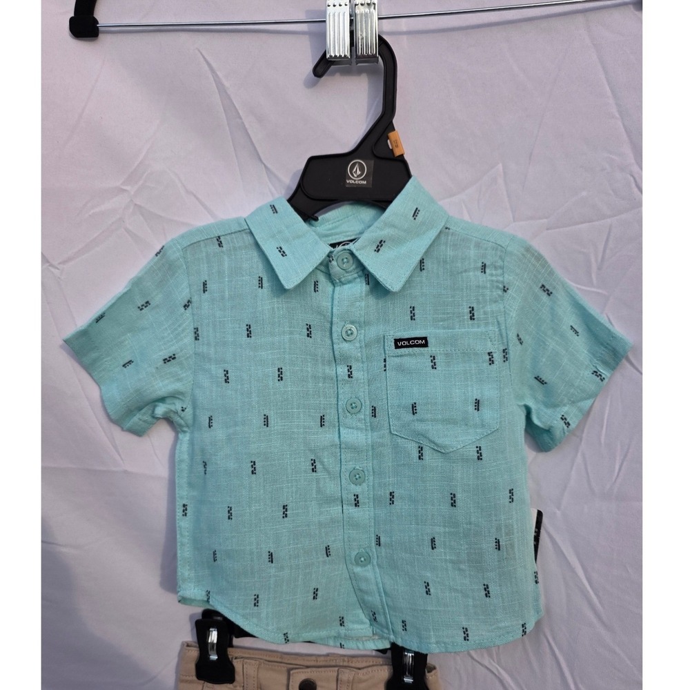 Volcom Toddler Boys 2-Piece Set Aqua Button Down Shirt and Khaki Shorts NEW - Picture 3 of 13